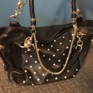 Black leather-like jeweled shoulder purse/ handbag